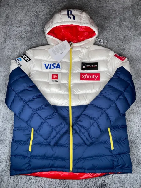 Spyder US Ski Team Timeless Down Jacket Logo Size XL Men White Blue *NWT