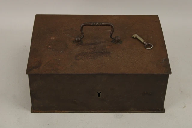 Heavy Antique Iron Steel Strong Box Money Safe Skeleton Key OG Paint Makers Mark