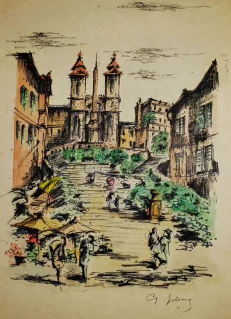 G. LeLong VINTAGE 1950s Signed ORIGINAL Watercolor Pastel Drawing ROMAN HOLIDAY
