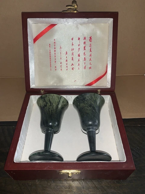 Vintage Chinese Jade Translucent Luminous Jade Stem Wine Glasses In Box