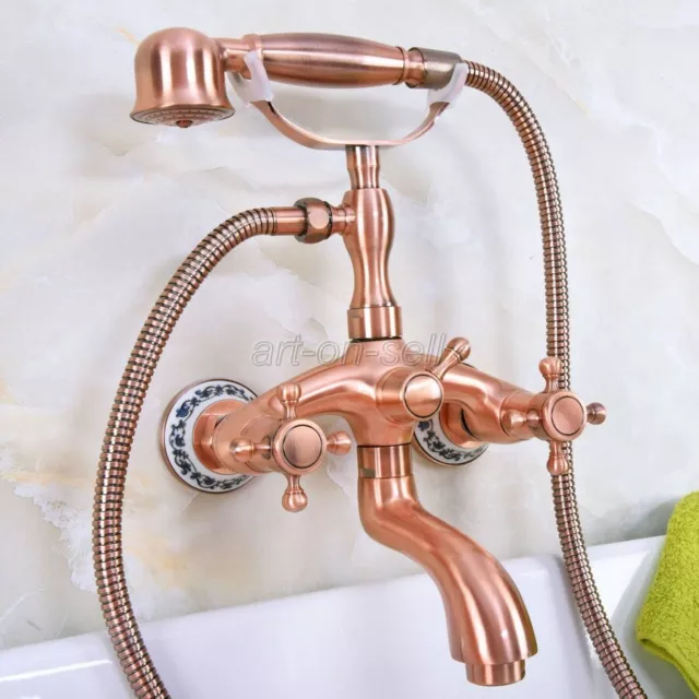 Red Copper Wall Mount Bathroom Clawfoot Bath Tub Faucet Filler with Hand Shower
