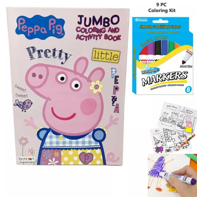 9PC Peppa Pig Coloriage Livre Kit Lavable Marqueurs Dessin Activités Set