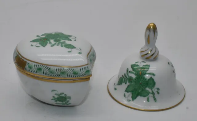 Herend Hungary Porcelain Chinese Bouquet Green Heart Shaped Trinket Box and Bell