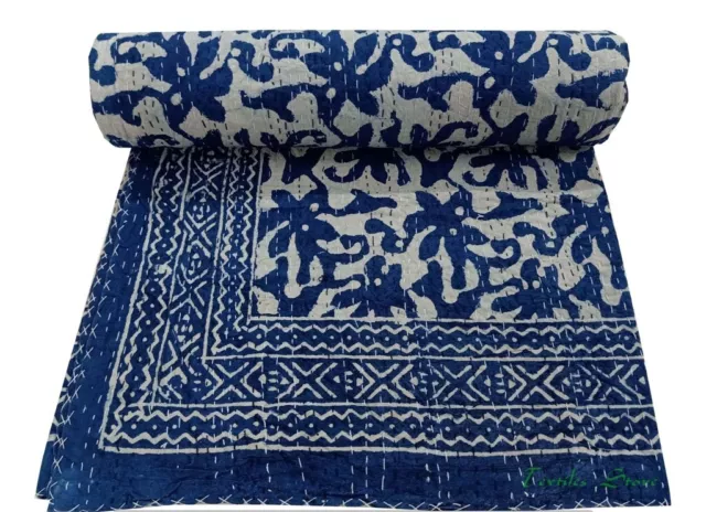 Indian Hand Block Floral Kantha Quilt,Blanket Cotton Queen Size Bedspread Throw