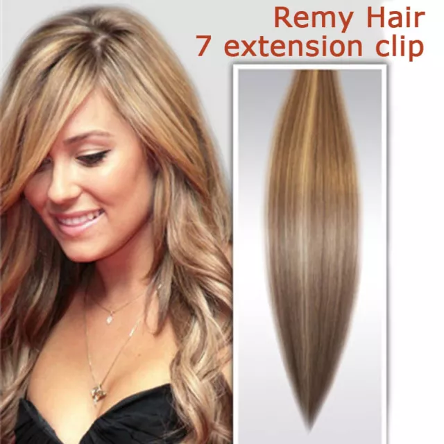 7 PZ Remy Hair Meches SET EXTENSION FASCIA CAPELLI VERI 15 CLIP 53CM colpi sole