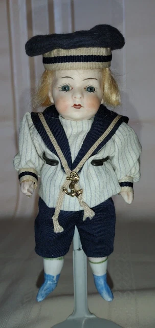 Antique Bisque Dollhouse Doll Sailor Boy Blue Glass Eyes Blonde Hair Original 6"