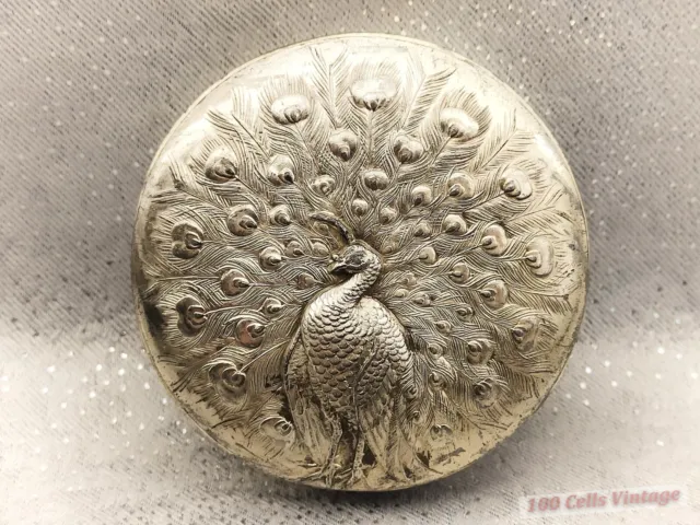 Peacock/Bird in Relief-White Metal Vintage Trinket/Pill/Jewellery Box-7.5cm