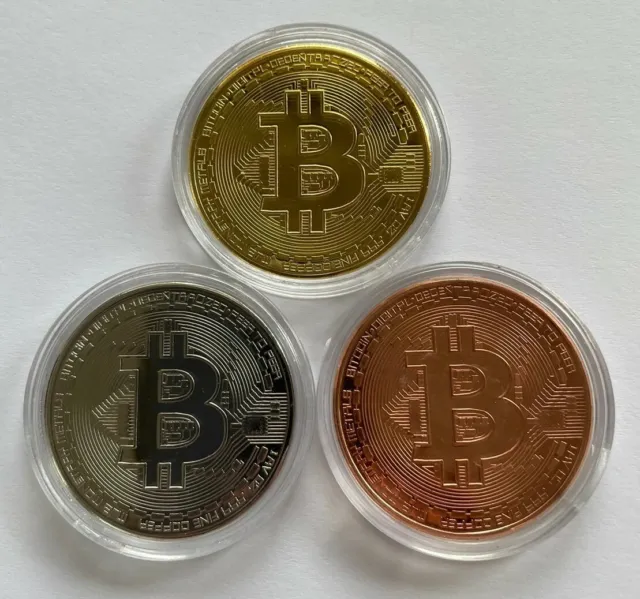 Bitcoin Münze Gold Silber Bronze Sammlermünze + Etui BTC Krypto Währung Geschenk 2