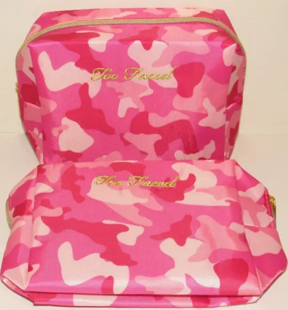 2 Too Faced Pink Camo Cosmetics Bag Bags Set Cosmetic Makeup Travel Toiletry Lot