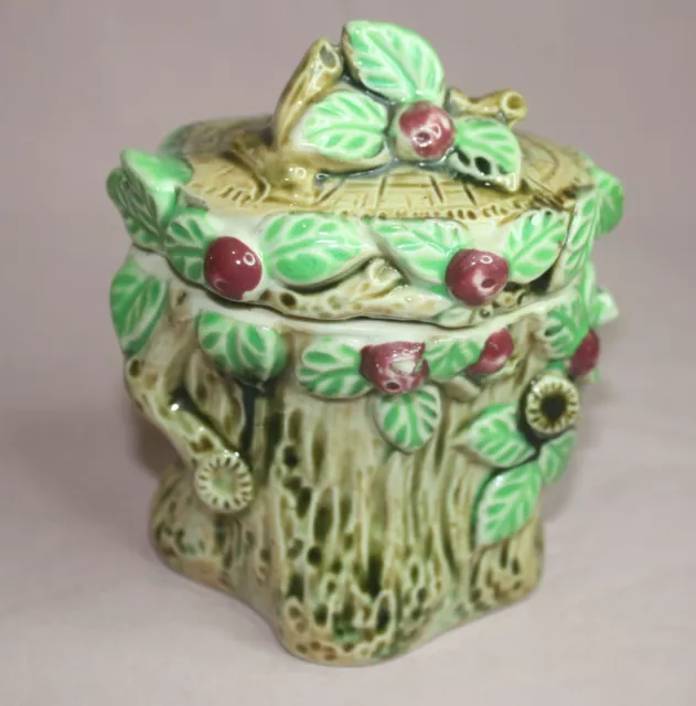 Mcm Art Pottery  Sugar Bowl & Lid Majolica Leaves And Berries Japan