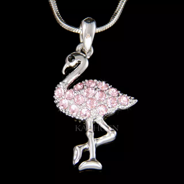 ~Pink Flamingo Bird made with Swarovski Crystal charm 18" chain Necklace Jewelry