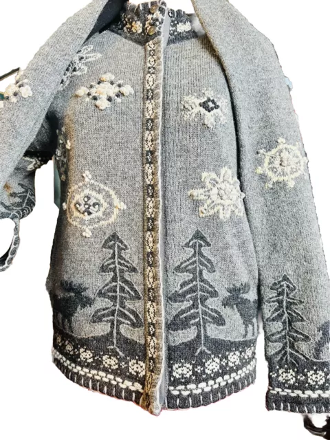 VTG Icelandic Wool Blend Cardigan Sweater W Matching Scarf Christmas Motif Small 3