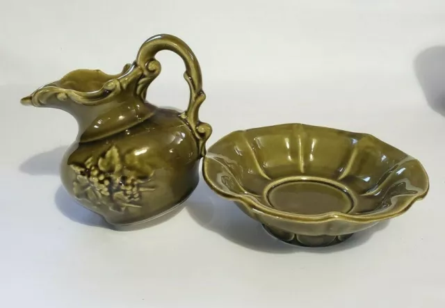 MCM Green McCoy Marked USA Pottery Water Pitcher with Wash Bowl Basin Glazed