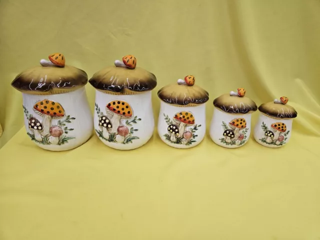 Retro Vintage Sears & Roebuck Merry Mushroom 5 Piece Canister Set Japan 1978