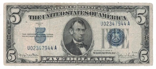 1934 D US $5 Dollar Silver Certificate UA Block Blue Seal Bank Note HC02347944