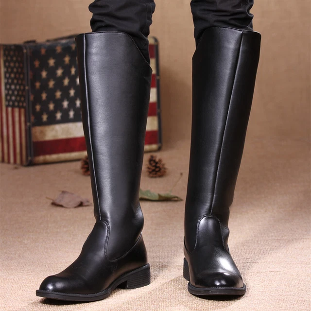 MENS BLACK LOW Heel Knight Leather Military Boots Knee High Riding