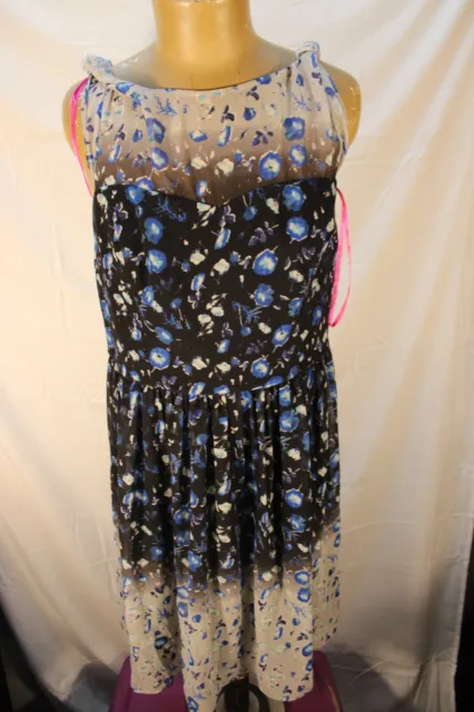 Betsey Johnson Dress Polyester Size 14 Black Blue White Flowers