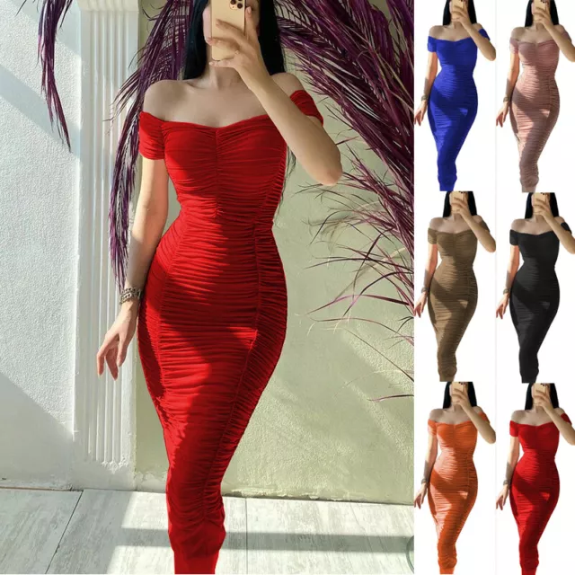 De Mujer Hombro Descubierto Sexy Vestido Ajustado Fruncido Fiesta Cóctel N <