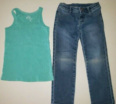 GYMBOREE girls denim JEANS size 5 OLD NAVY green tank TOP SHIRT size small 2 PC