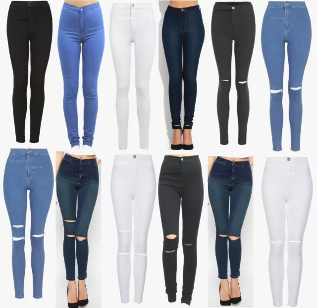 New Womens High Waisted Ripped Jeans Skinny Jeggings Slim Knee Ladies Pants 6-16