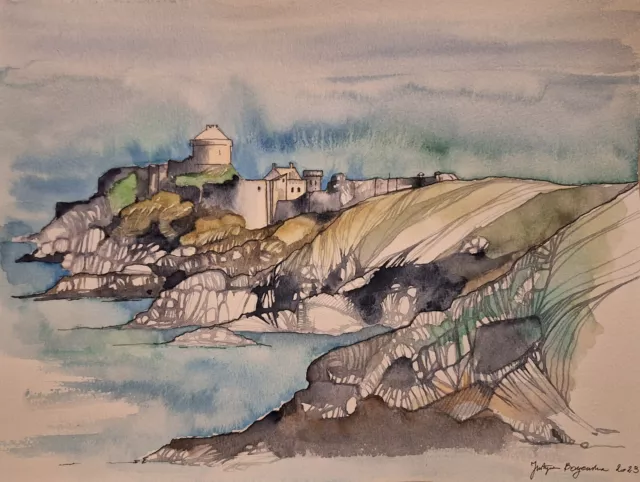 Watercolor Painting aquarelle Fort La Latte France, Bretagne 30x23cm signé