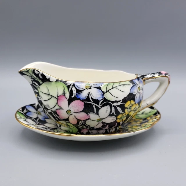 Vintage Royal Winton Grimwades Spring Glory Sauce Boat Liner Black Chintz