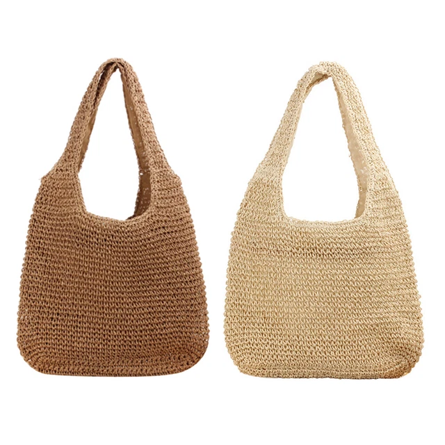 Women Rattan Handbag Hand-woven Straw Bucket Tote Fashion Large for Summer Beach