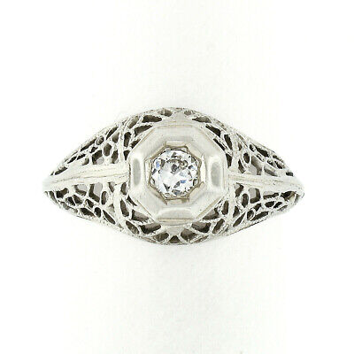 Antique Art Deco 18K White Gold Old European Diamond w/ Domed Filigree Work Ring