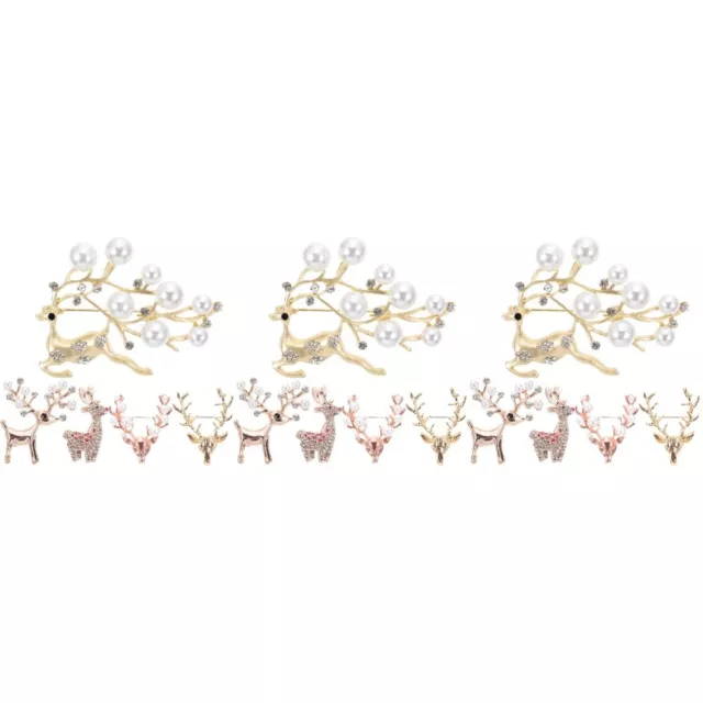 15 Pcs Alloy Elk Brooch Miss Christmas Rhinestones Xmas