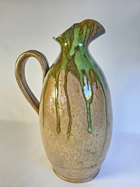 Pichet Carafe En Grès Artisanal - Vintage France - Déco Fleurs Beige - Anne Ehret ?