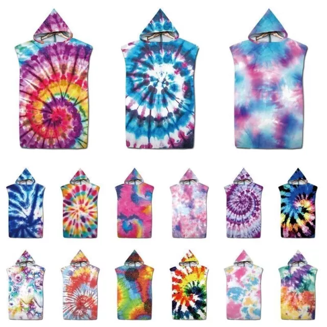 Kids Adult Rainbow Tie Dye Beach Changing Quick Dry Hooded Towel Poncho Bathrobe