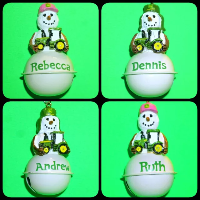John Deere Ornament Snowman Personalized Pick Name White Pink Green Hat Tractor