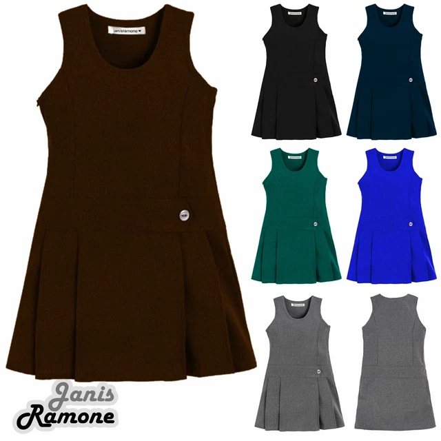 Ragazze Uno Pulsante Plissettato Senza Maniche Pinafore Scuola Uniforme Vestito