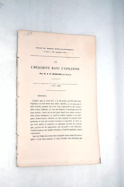 Livre Ancien Hérédité Épilepsie Durand Psychologie Étude Cas Famille 1868