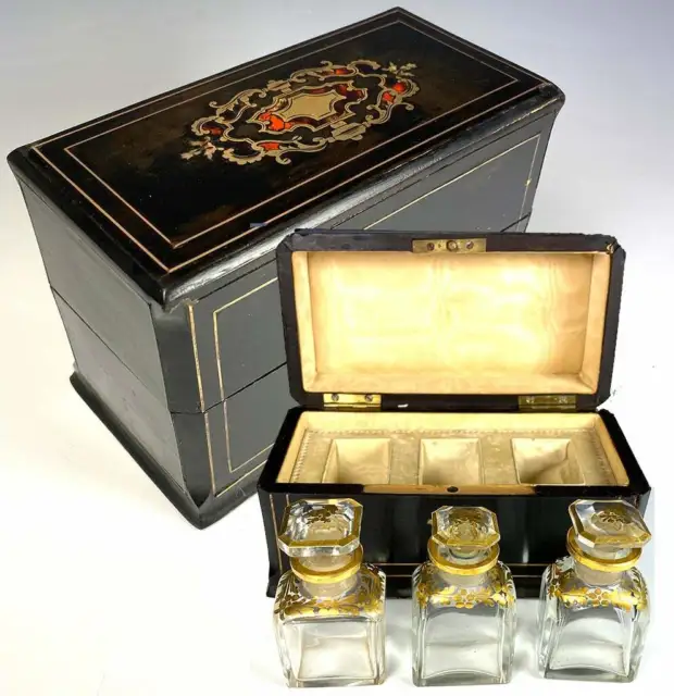 Antique French Napoleon III Era Boulle Scent Box, Caddy, 3 Baccarat Perfume Btls