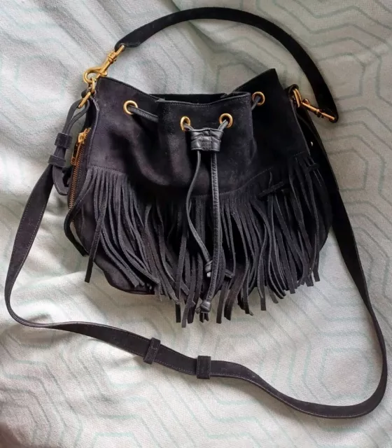 Saint Laurent YSL Black Suede Leather Emmanuelle Fringe Bucket Bag