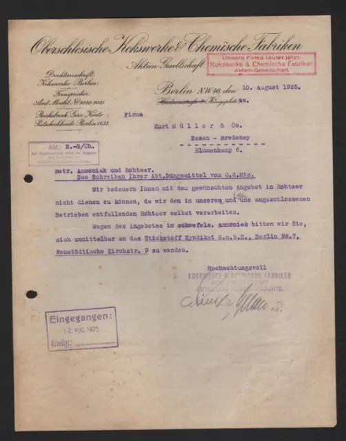 BERLIN, Brief 1925, Oberschlesische Kokswerke & Chemische Fabriken AG
