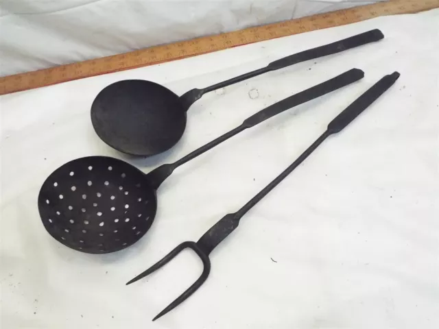 Signed Blacksmith Hand Forged Butcher's Fleshing Fork Iron Ladle Spoon Dipper