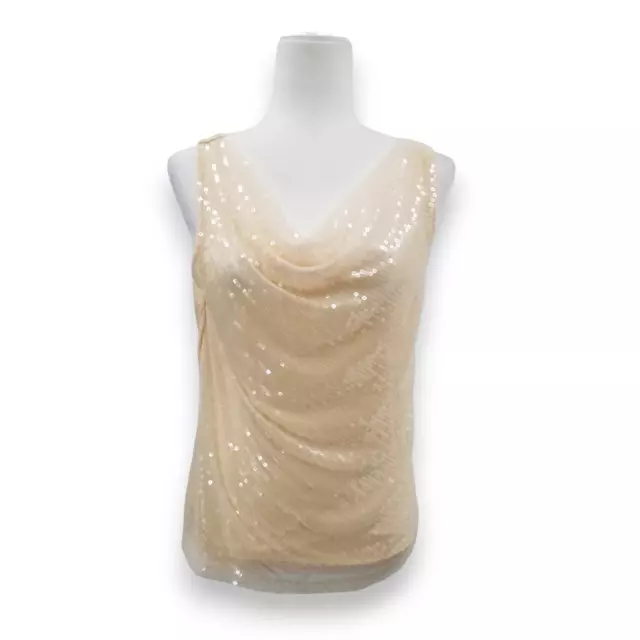 Talbots Petites Women's Cream Sequin Sheer Sleeveless Blouse Petite Large PL