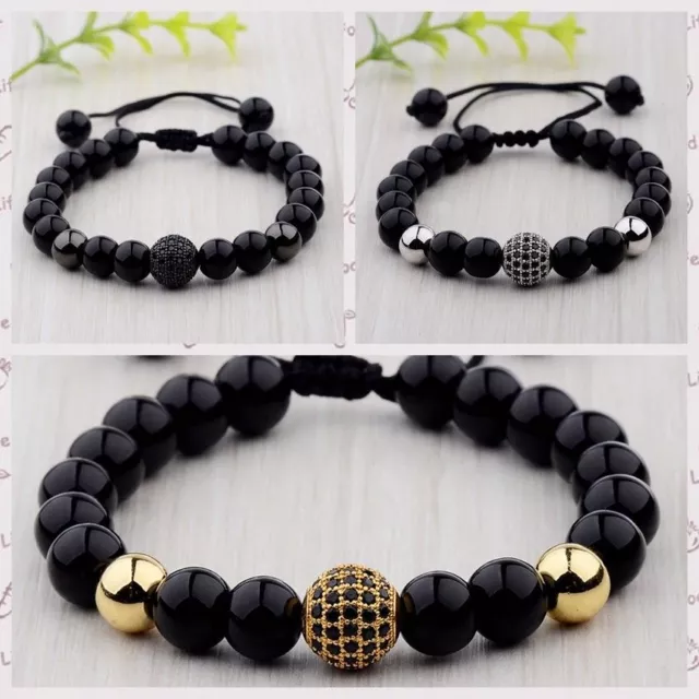 Fashion Men Natural Black Lava Zircon Micro Pave Round Beaded Macrame Bracelets