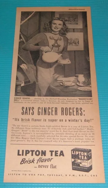 1947 Print Ad ~ Lipton Tea Star Actress Ginger Rogers Pouring Into Teacup