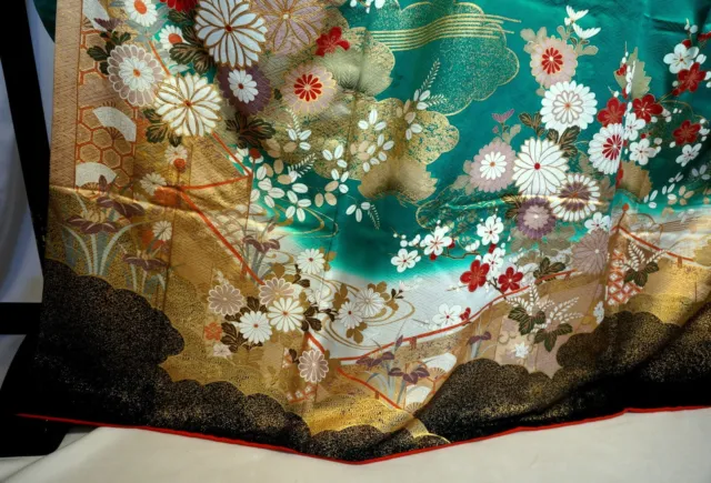 Japanese kimono SILK"FURISODE" long sleeves, Gold thread/leaf, KIK,L5' 3.7".3196 3