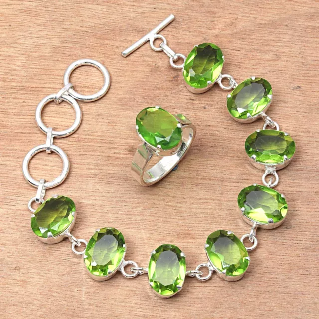 Peridot Quartz Gemstone Women's Unisex Silver Jewelry Bracelets & Rings 7-8''