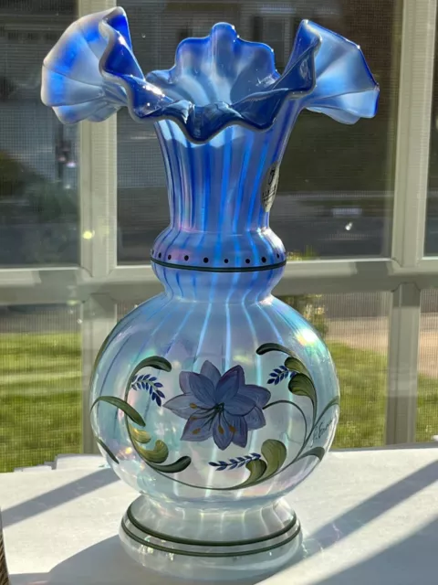 Fenton Art Glass 1999 LE Messenger Exclusive Hand Painted Signed Vase Wonderful!