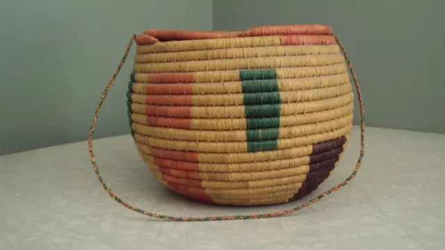 Vintage Hand Woven Coiled  Southwestern Native American Round Basket With Lid