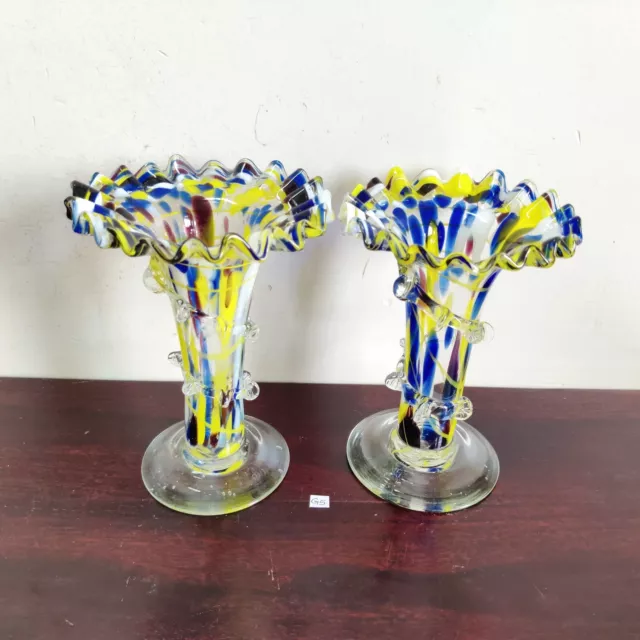 1920s Vintage Handmade Multicolor Blue Glass Flower Vase Pair Pontil Mark Rare