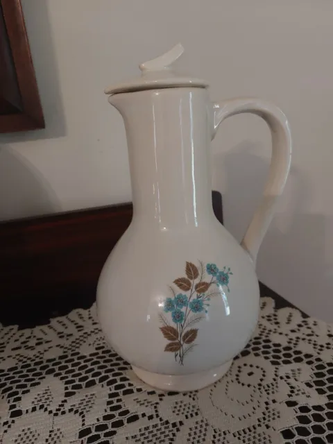 McCoy Pottery MCM Cream Carafe/Pitcher with Lid Aqua and Brown Floral Design