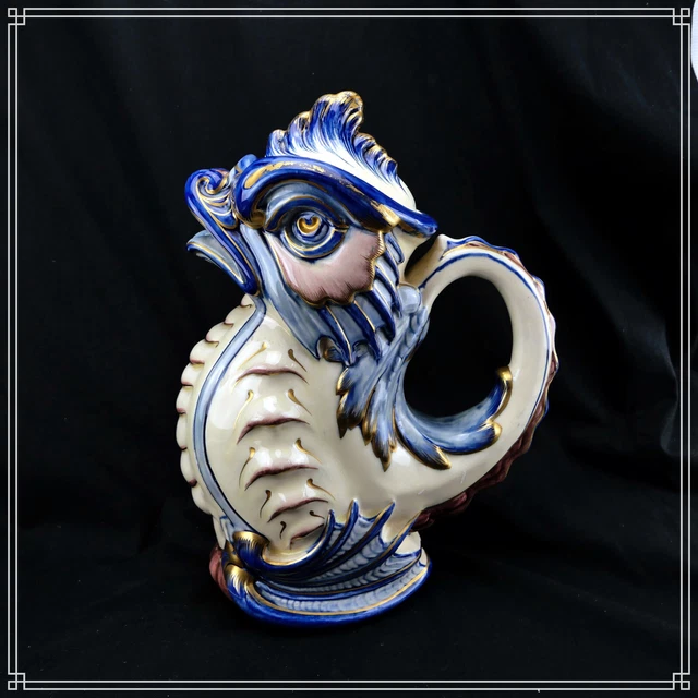 Rare Cruche En Barbotine De Sarreguemines Majolica Modele "Poisson Chimere"