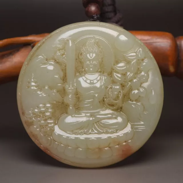 Antique Chinese Natural Hetian Jade Carved Buddha Statue Amulets Pendant Jewelry