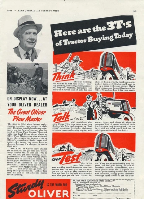 Magazine Ad - 1941 - Oliver Tractors - Model 70 Plowmaster - World War 2